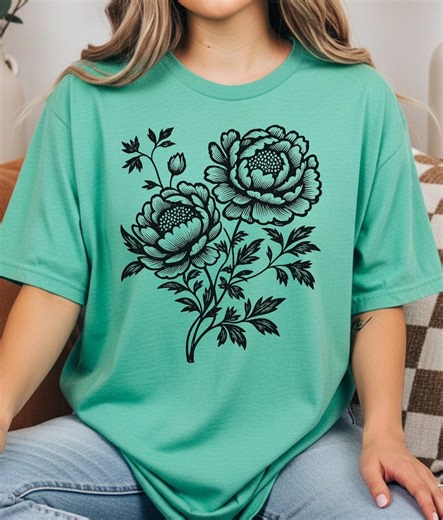 Linocut Flower Tshirt Botanical Print Tee Shirt Mint Green Peony Graphic Design Floral Clothing Plant Illustration Nature Inspired Casual - Etsy