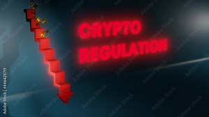 Crytocurrency regulation animation. Crypto coins falling down the steps. Golden coins falling down stairs showing crisis in cryptocurrency because of regulation. 3D rendering crypto concept animation.