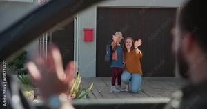 Bye, car and family with a wave in the morning, leaving for work or travel. Happy, together and a mother and girl kid greeting and waving a hello to a father in transportation driving to a job