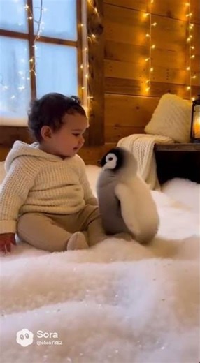 “Adorable Baby & Penguin Play and Cuddle Together” #animalvideos #baby #babybehavior #penguin #cute