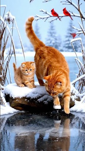 Mother Cat Teaches Kitten Ice Skating on Frozen Pond ⛸️❄️ #cat #shorts
