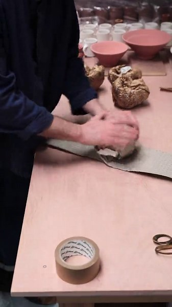This is how I prepare pots for shipping out, although usually, when doing this en masse for hundreds of pots at a time, my workstation is a little more thoughtfully arranged. It starts with honeycomb paper and tissue paper, which is followed by some cardboard bubble wrap and a final layer of thicker corrugated cardboard. Overkill, maybe? But I’d rather package pots to an absurd level than have them break in transit. Once wrapped, the pots are placed inside a box cushioned on all sides with biode