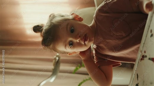 A little girl is happily eating a slice of chocolate cake in a room