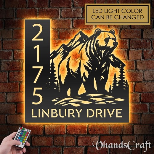 Personalized Bear in the Wild Address Sign With LED Lights - Custom Metal House Number Plaque - Etsy