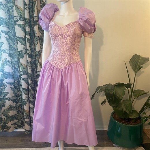 Vintage 80s Lavender Taffeta Prom Dress Lizette Creations Pink Lace and Puff Sleeve Tea Length Party Gown - Etsy