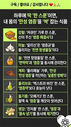 병원 가기 전 '이것' 한 스푼! 몸속 만성 염증 싹 잡아주는 기적의 식품 7가지