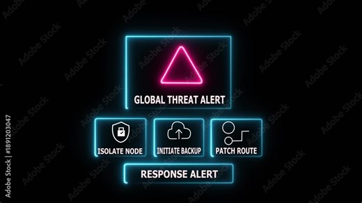 Global Threat Alert UI with Cyber Security Icons: Data Protection, Backup, Network Routing, and Response System