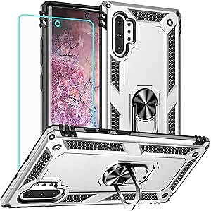 for Samsung Galaxy Note 10 Plus Case with Screen Protector:[Military Grade Drop Tested] Ring Holder Kickstand Shockproof Anti-Slip Protective Phone Case for Note 10 Plus 6.8- Silvery