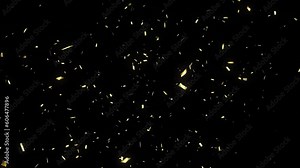 realistic shiny golden confetti texture isolated on black background falls from top to bottom after explosion in slow motion, background overlay concept for festive events