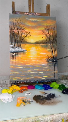 How to Draw Landscape Painting | Easy Sunset Reflection Acrylic Tutorial for Beginners #181 | Painting Skills