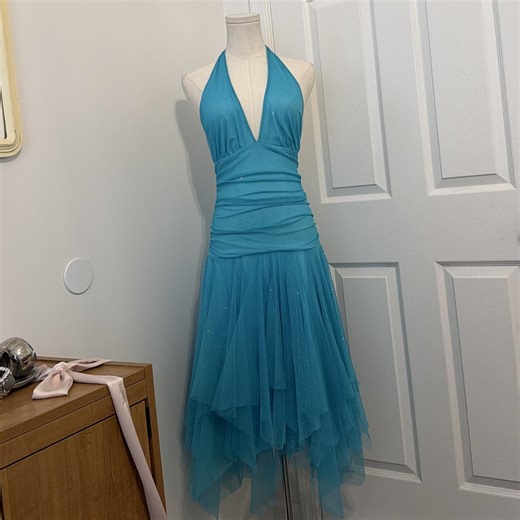 Blue halter neck dress with sparkly tulle detail... | Depop