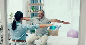 Physiotherapist, rehabilitation or old man stretching arms to help in physical therapy for mobility exercise. Elderly person, chiropractor or physiotherapist healing workout for body or muscle injury