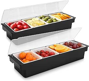 Fruit, Veggie & Condiment Caddy with Lid Dispenser Tray Garnish Station for Bartending & Serving Taco (2, 4 Compartment)