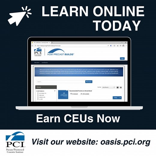 Looking to expand your precast concrete knowledge? The PCI eLearning center is your go-to resource, home to more than 100 webinars offering free education and CEU credits from 1-1.5 CEU. Whether you're looking to enhance your design expertise or strengthen your quality control skills, there’s something here for every precast concrete professional. Visit our website to start learning today: https://oasis.pci.org #howprecastbuilds #PCI #precastconcrete #construction #continuededucation #elearning