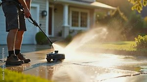 Person Power Washing a Concrete Driveway in Front of a House