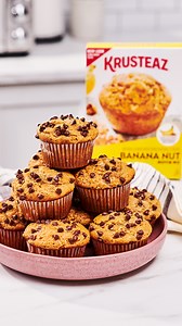 Bring a crowd-pleasing treat to Friendsgiving with these easy and shareable peanut butter banana muffins. Bake a batch and watch them disappear! https://www.krusteaz.com/recipes/peanut-butter-banana-muffins/ | Krusteaz