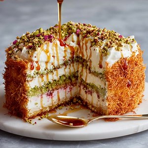 Pistachio Knafeh Ice Cream Cake This dessert features a crispy, buttery knafeh crust, a layer of rich, cheese-streaked ice cream, and a ribbon of pistachio paste, all topped with a crunchy pistachio praline and a drizzle of rose syrup. Yields: One 9-inch springform cake (10-12 servings) Components & Ingredients Part 1: Knafeh Crust 8 oz (225g) kataifi (shredded phyllo) dough, thawed ½ cup (115g) unsalted butter, melted 2 tbsp granulated sugar ¼ cup (30g) finely ground pistachios Part 2: Cheese I