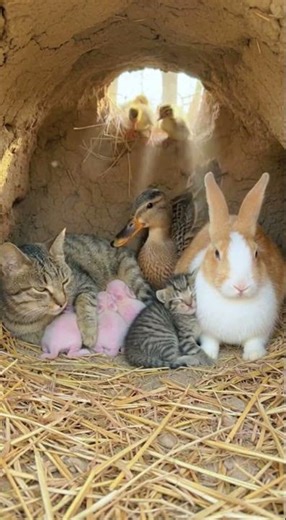 OMG! Cat, Bunny & Ducklings Snuggle in ONE Burrow!