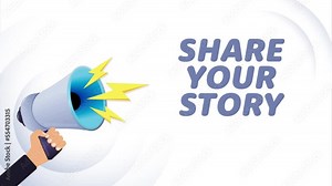 Hand hold megaphone. Share your story, realistic 3d megaphone, loudspeaker with lightning. Symbols speaker, social media, advertising and promotion. 4K video animation