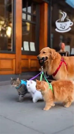 Walking down the street with 4 besties #cat #dog #wholesome