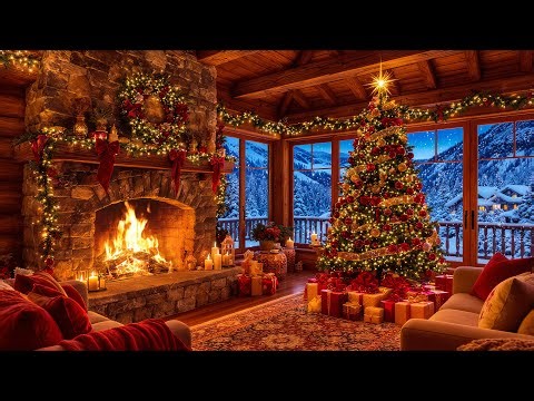 Cozy Christmas Cabin Ambience 🎄🔥 | Warm Fireplace, Snowy Mountain View & Soft Holiday Music
