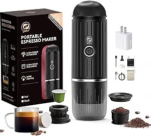 Portable Electric Espresso Machine, Travel Coffee Maker for Camping, Car Self-Heating Coffee Machine with USB-C, Compatible With NS Capsules & Ground Coffee, Portable Coffee Maker for Hiking,RV,Office