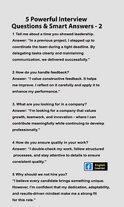 10 More Powerful Job Interview Questions & Smart Answers (Part 2) If you’re serious about cracking interviews, you must prepare beyond the basics. Here are 10 more high-impact questions with confident, natural answers that sound professional in US/UK interviews. 👉 Save this. Practise daily. Stay prepared. 💼 10 Powerful Interview Questions & Smart Answers (Part 2) #JobInterviewPrep #InterviewEnglish #ProfessionalEnglish #CareerSuccess #InterviewQuestions #EnglishForInterviews #SpokenEnglish #Ca