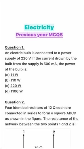 Electricity class 10 previous year mcqs #electricity #numerical #science #cbseclass10 #viral #exam