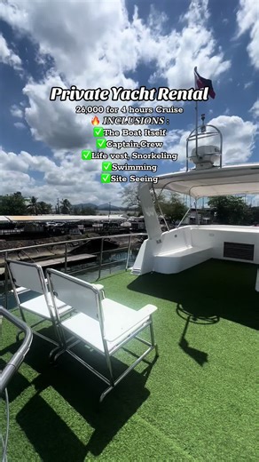 ✨️ EXCLUSIVE YACHT RENTAL ✨️ 🛥️ REGULAR Yacht Rental Rate: Good for 1-25 persons. Between 5AM-5PM -2 HOURS : 14,000 -3 HOURS : 20,000 -4 HOURS : 26,000 🛥️ LUXURY & BIG Yacht Rental Rate: Good for 1-40 Persons and 1-50persons. Between 5AM-5PM -2 HOURS : 24,000 -3 HOURS : 35,000 -4 HOURS : 46,000 🔥 𝑰𝑵𝑪𝑳𝑼𝑺𝑰𝑶𝑵𝑺 : ✅The Boat Itself ✅Captain,Crew ✅Life vest, Snorkeling ✅Swimming ✅Site Seeing *********************************************** Add-ons Water Activities 🌊🎣 ✅Jetskie - ₱5,500 (1H