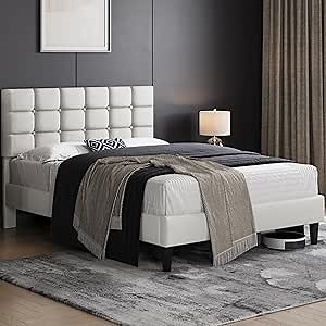 Yaheetech Upholstered Bed Frame, Modern Full Bed Platform with Square Stitched&Button Tufting Headboard Height Adjustable, Wooden Slats Support, No Box Spring Needed, Full Size, Beige