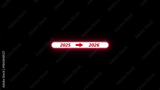 Neon red loading bar icon animation on black background. New year 2026 loading bar animation concept. Year changing from 2025 to 2026