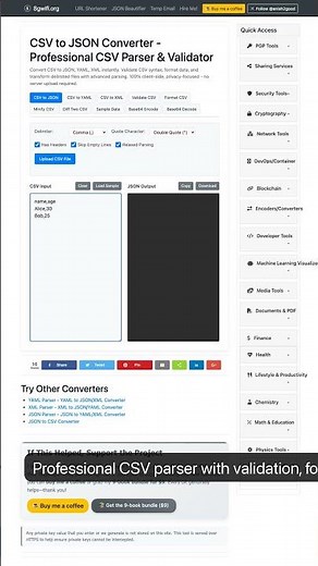 Free CSV to JSON Converter Online - CSV Parser & Validator Tool — in 30 seconds #Developers