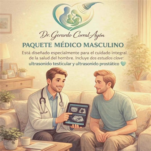 PAQUETE MÉDICO MASCULINO Está diseñado especialmente para el cuidado integral de la salud del hombre. Incluye dos estudios clave: ultrasonido testicular y ultrasonido prostático transrectal 🩵. Este paquete permite una evaluación detallada de los testículos, epidídimos, plexos pampiniformes, bolsas escrotales, próstata (incluyendo zona central e índice de protrusión prostática), así como de las vesículas seminales 💯. Además, cuenta con valoración con señal Doppler color, lo que brinda una mayor