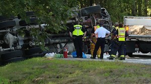 Police on scene of crash in South Portland involving tractor-trailer and cement truck