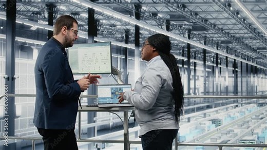 Woman and microchip factory colleague using AI to develop innovative technology roadmap. Coworkers use artificial intelligence to develop high tech semiconductor foundry process engineering, camera A