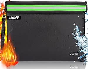 Fireproof Document Bag with 4200°F Heat Insulated, 14.2”X 11” Waterproof Fireproof Bag with Reflective Strip，Fireproof Safe Storage Pouch for Important Documents, Cash, Passport and Other Valuables