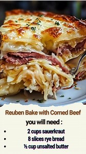 Reuben Bake with Corned Beef The secret to this dish lies in its simple yet indulgent combination of ingredients. Here’s what you’ll need: For the Bake: 2 cups shredded cooked corned beef (or thinly sliced deli corned beef) 2 cups sauerkraut , drained and rinsed 2 cups shredded Swiss cheese (divided) 1 cup Thousand Island dressing (store-bought or homemade) 8 slices rye bread , cubed (or substitute with pumpernickel or sourdough) ½ cup unsalted butter , melted 1 tablespoon caraway seeds (optiona