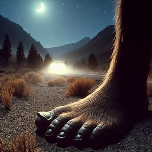 Two young skiers driving home late at night have a hair-raising roadside encounter with a lumbering, humanoid Bigfoot staring back at them in surprise. | Bigfoot Evidence