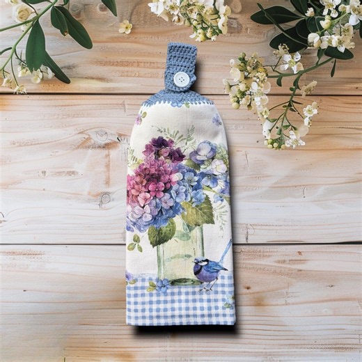 Hydrangea Floral Kitchen Towel, Crochet Top With Button Loop, Spring Hydrangeas Home Decor - Etsy