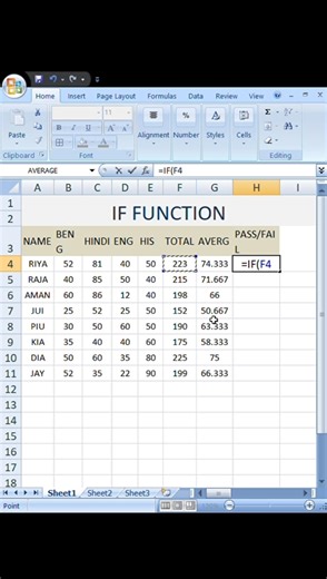 pass or fail using if function #excel #iffunction #exceltutorial