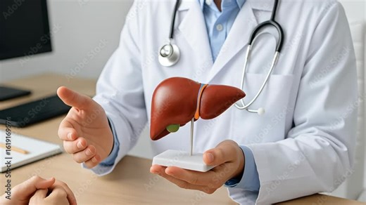 Doctor exam liver. Doctor with stethoscope explains liver anatomy and health using detailed anatomical model during medical consultation with care