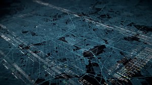 Premium stock video - Futuristic motion graphic user interface head up display screen with digital data city map telemetry information display for digital background computer desktop display screen