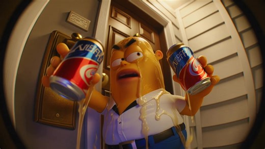 Shot through an extreme fisheye lens, an AI-generated man looms unnaturally close to the camera, his face warped and curved by the glass. He grins and shouts toward the viewer, “Come out, I’ve got beer,” as if calling to a friend hiding just beyond the frame. Without warning, his body glitches and violently bursts apart—not with gore, but with impossible energy, like a digital malfunction made physical. From the explosion, reality reorganizes itself. Walls fold outward, lights flicker on, and a 