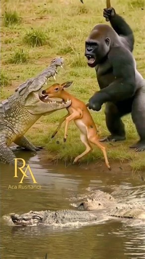 detik-detik gorilla menyelamatkan anak rusa dari buruan kawanan buaya