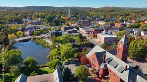 Winchester Center Historic District including Town Hall and First Congregational Church in fall in town of Winchester, Massachusetts MA, USA.