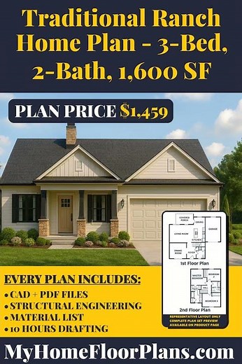 Traditional Ranch Home Plan - 3 Bed, 2 Bath, 1,600 SF