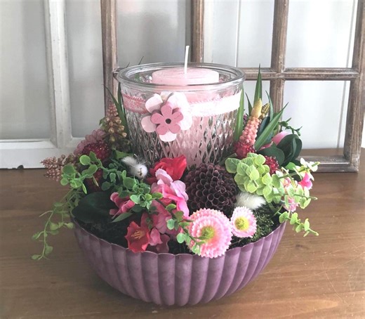 Spring Flower Arrangement, Easter Table Arrangement, Artificial Flowers, Pink Blackberry Flowers, Muscari Flowers, Dahlias, Cherry Blossoms, Pansies, Grooves, Lantern - Etsy
