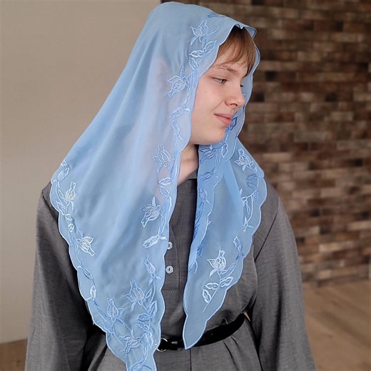 Light Blue Triangle Scarf – Lightweight Chiffon Prayer Shawl With Silver Embroidery - Etsy