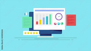 Analytics report software displays data and information about content marketing performance on social media sites, evaluating engagement, conversion and web traffic, video animation.