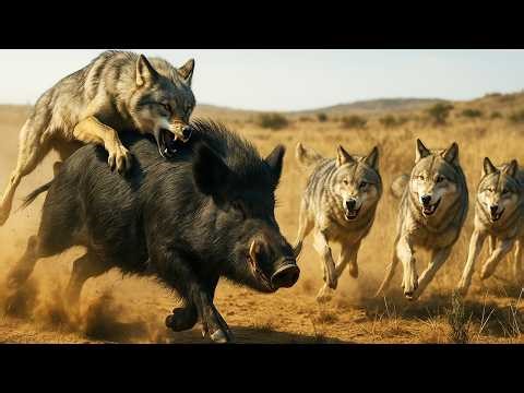 Five wolves hunt a wild boar in the mountains.